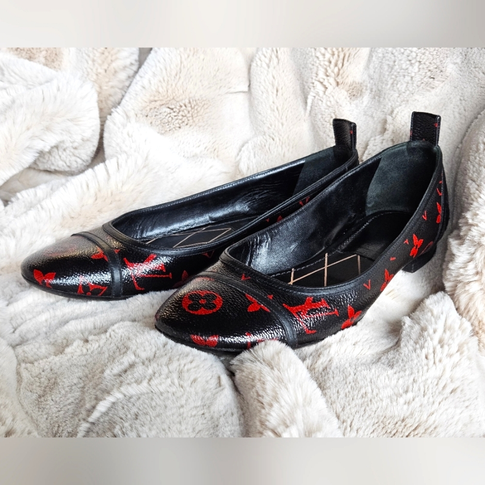Louis Vuitton Black and Red Monogram Ballet Flats